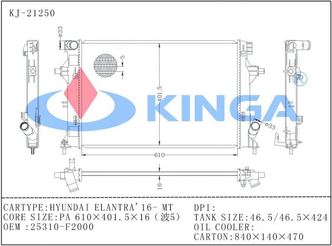 tipo inter- di brasatura di raffreddamento di flusso del radiatore di alluminio di 2016 25310-F2000 Hyundai Elantra