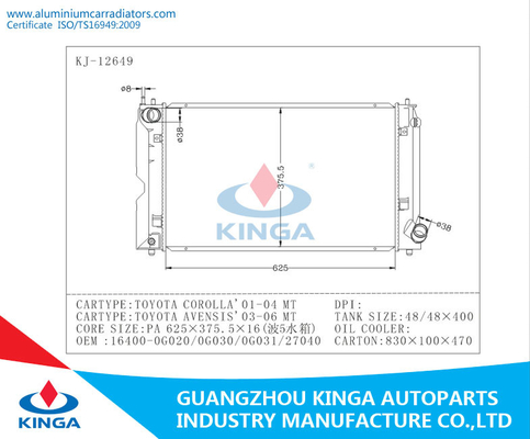 TOYOTA COROLLA 01-04 radiatori domestici della TA di TOYOTA AVENSIS 03-06 del radiatore di prestazione fornitore