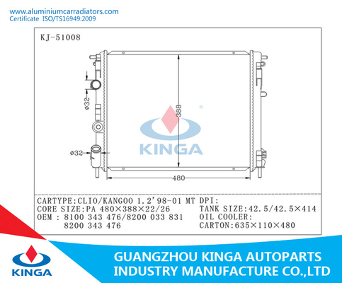 Radiatori di alluminio dell'automobile dell'OEM 8100 343 476/8200 033 831/8200 343 476 Renault fornitore