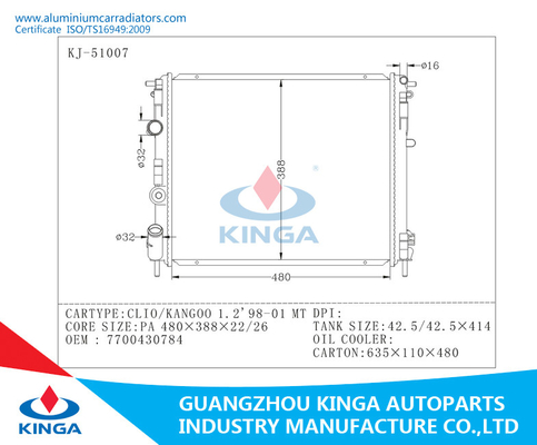 OEM di alluminio 7700430784 di Raidators dell'automobile della TA 98-01 RENAULT di CLIO/KANGOO 1,2 fornitore