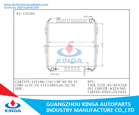 Radiatore automatico dell'automobile per Toyota Vzn10#/11#/13# 89-95 al centro di alluminio con i carri armati di plastica fornitore