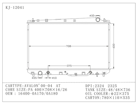 carro armato di plastica del radiatore di 48*736mm per AVALON 2000-2004 di Toyota A fornitore