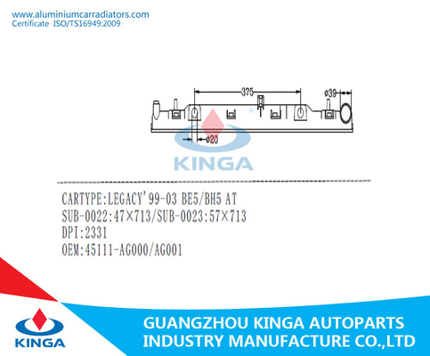 Carro armato del radiatore della sostituzione per l'OEM 45111-AG000/AG001 DPI2331 di LEGACY'99-03 BE5/BH5 fornitore